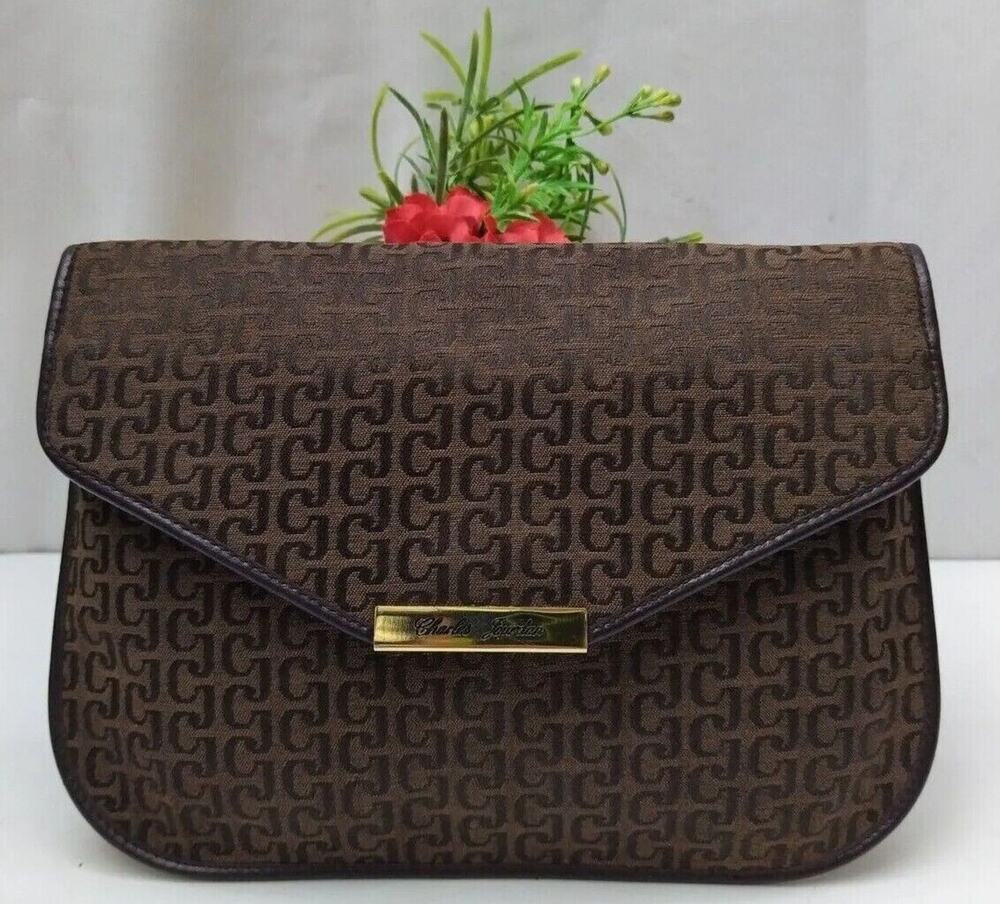 Charles Jourdan Brown Canvas Leather Trim Clutch - VTG Made in Italy